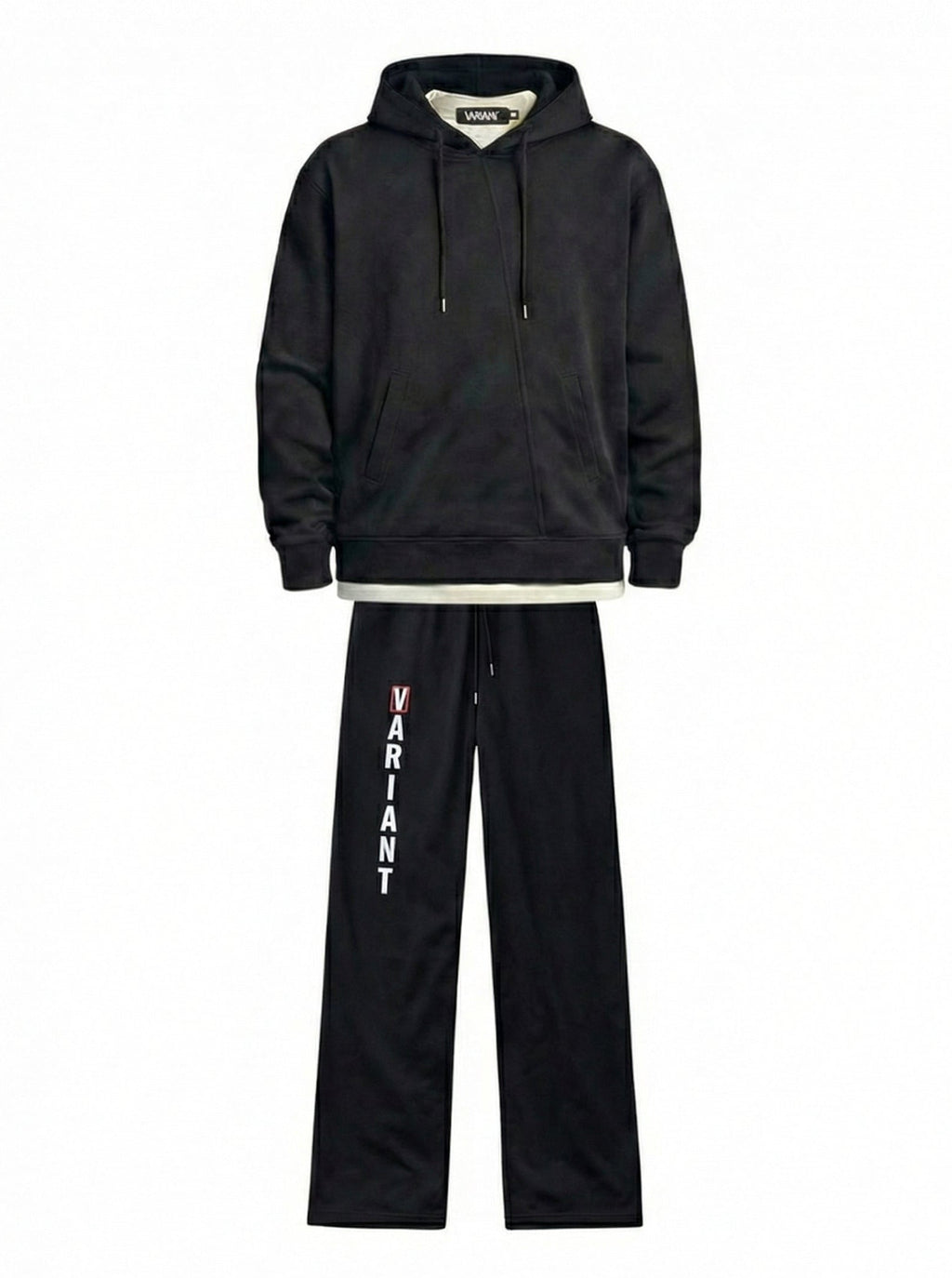 Black tracksuit with 'Variant' branding on pants against a white background