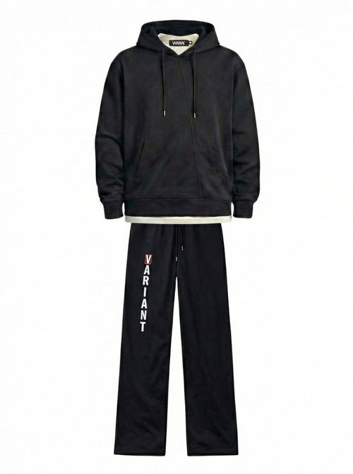 Black tracksuit with 'Variant' branding on pants against a white background